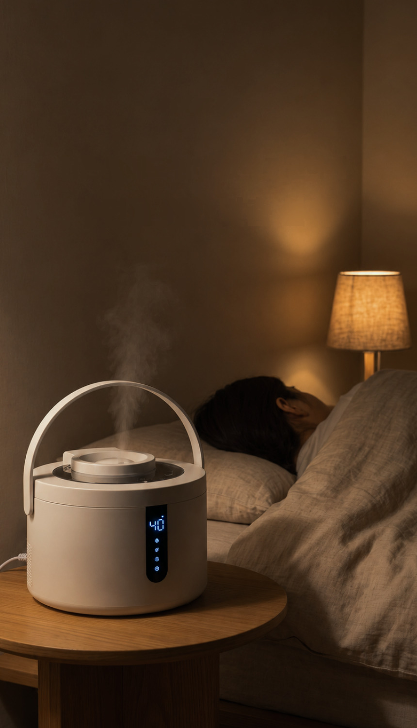 어두운 침실 협탁 위 블룸 가습기와 잠든 사람